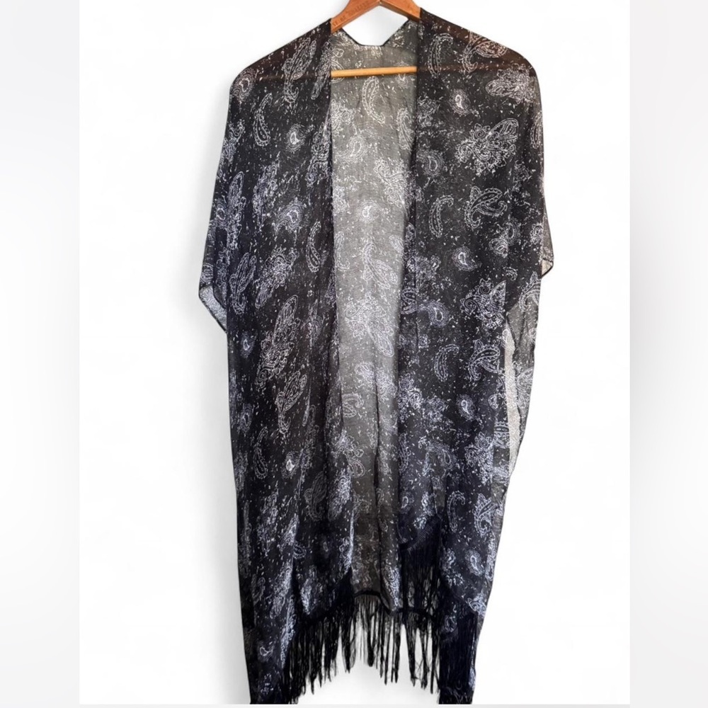 Black and White Paisley semi Sheer fringed Shawl